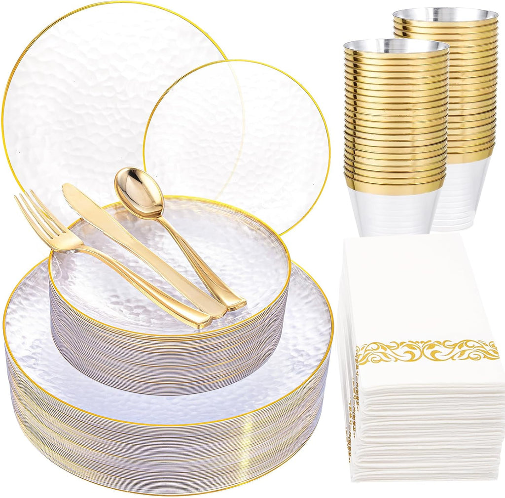 Rubtlamp 100 Guest Blue Gold Plastic Dinnerware Set,Clear Blue Disposable With Gold Rim, Hammer Fancy Party Plates Include 100Dinner Platos,100Cake Platos,100Cups,100 Pre Rolled gold Cutlery