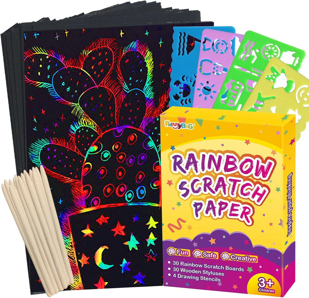 FUNNYB&G 60 Pcs Big Rainbow Scratch Paper Art for Kids Arts and Crafts Kit