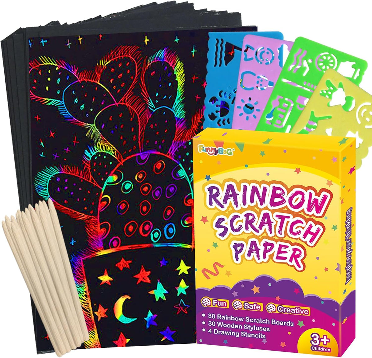 FUNNYB&G 60 Pcs Big Rainbow Scratch Paper Art for Kids Arts and Crafts Kit
