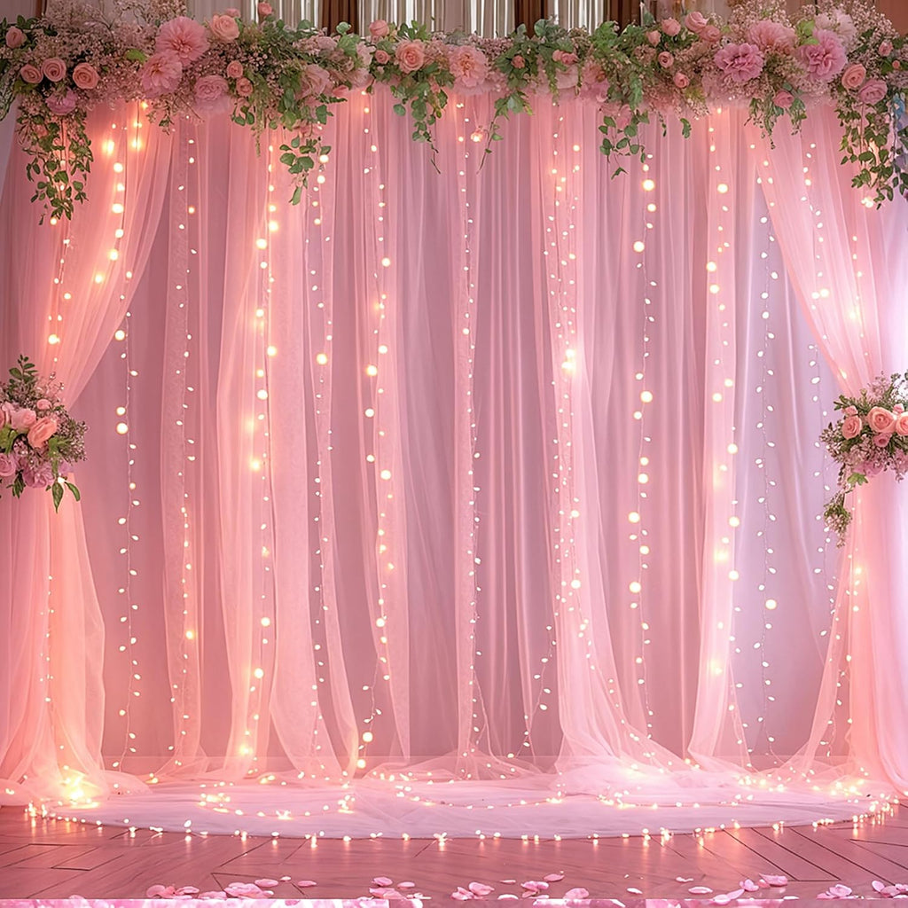 Pink Backdrop Curtains with Lights String for Baby Shower Girl Parties Sheer Tulle Backdrop Curtain Panels for Birthday Party Bridal Shower Photo Shoot Background Decorations 10×10ft (2 Panels 5×10ft)