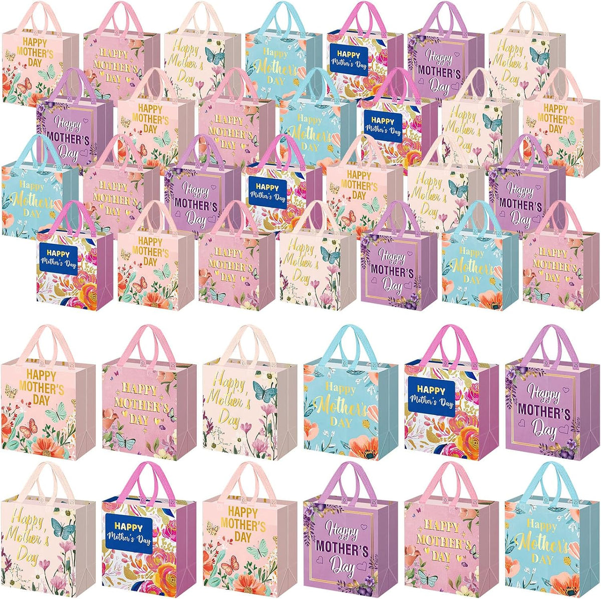 Wesnoy 48 Pcs Happy Mother's Day Tote Gift Bags with Handles Bulk Floral Non Woven Mom Candy Bags Reusable for Gift Wrapping Happy Mother's Day Goody Shopping Party Favor, 11.4 x 10.6 x 4.7 Inch