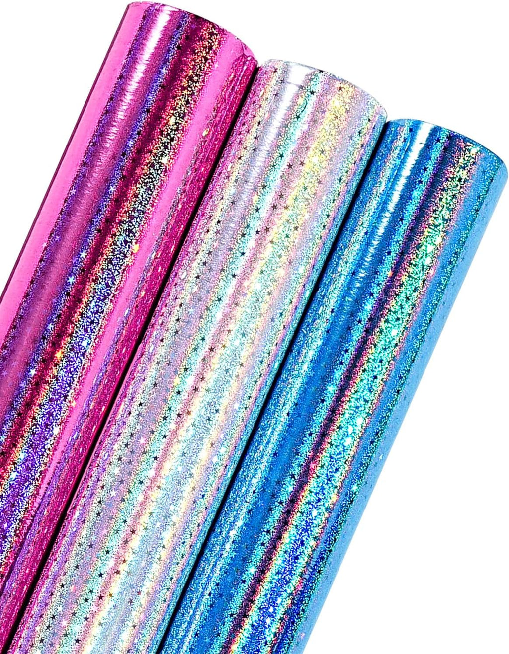 RAPAHOLIC Metallic Holographic Wrapping Paper - 3 Mini Rolls - 17 Inch x 120 Inch Per Roll - Blue White Pink Holographic Star Wrapping Paper for Birthday, Wedding, Baby Shower, Bridal Shower