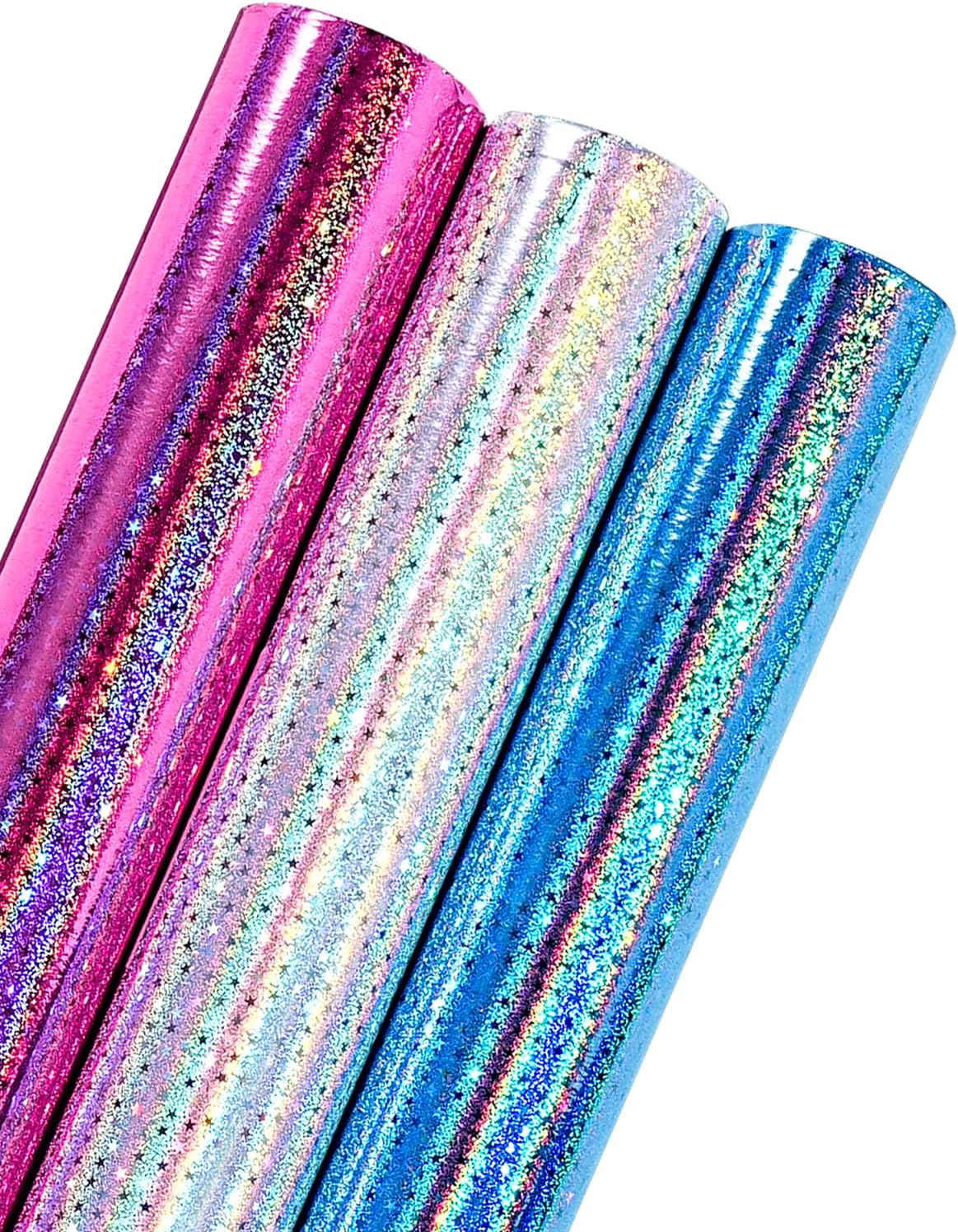 RAPAHOLIC Metallic Holographic Wrapping Paper - 3 Mini Rolls - 17 Inch x 120 Inch Per Roll - Blue White Pink Holographic Star Wrapping Paper for Birthday, Wedding, Baby Shower, Bridal Shower