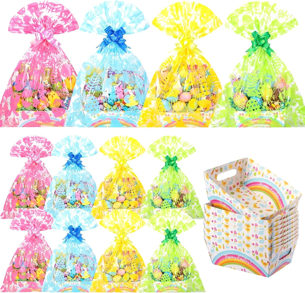 Gueevin 12 Sets Easter Empty Gift Baskets Bulk with Colorful Bunny Cellophane Bags & Ribbon Bows, DIY Basket to Fill for Egg, Candy, Treats, Birthday Party, 9.8 x 6.5 x 3.5 Inch