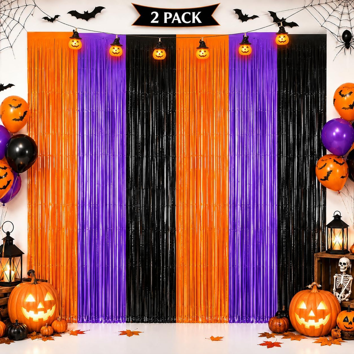 JINSUI Halloween Decorations Orange Purple Black Tinsel Backdrop 2 Pack