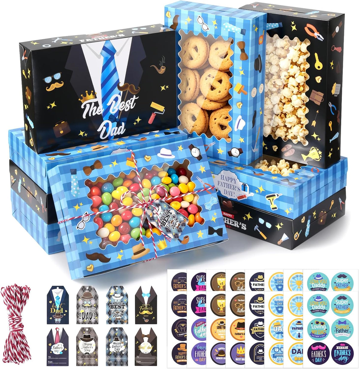 FCKLVMC 12 Pcs Fathers Day Gift Boxes Bulk with Windows , 2 Styles Fathers Day Treat Boxes for Treats With Gift Card and Sticker, Fathers Day Gift Boxe for Happy Father Day Party Supplies (20*30*6.3cm)