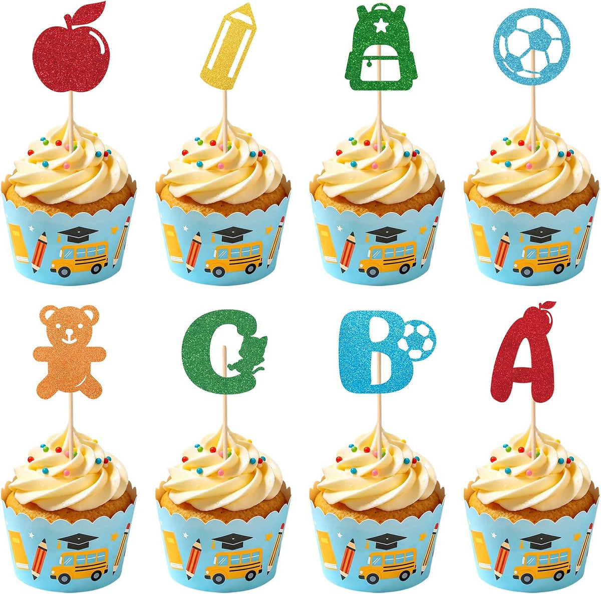24Pcs Back to School Cupcake Toppers, Glitter First Day School Cake Decor