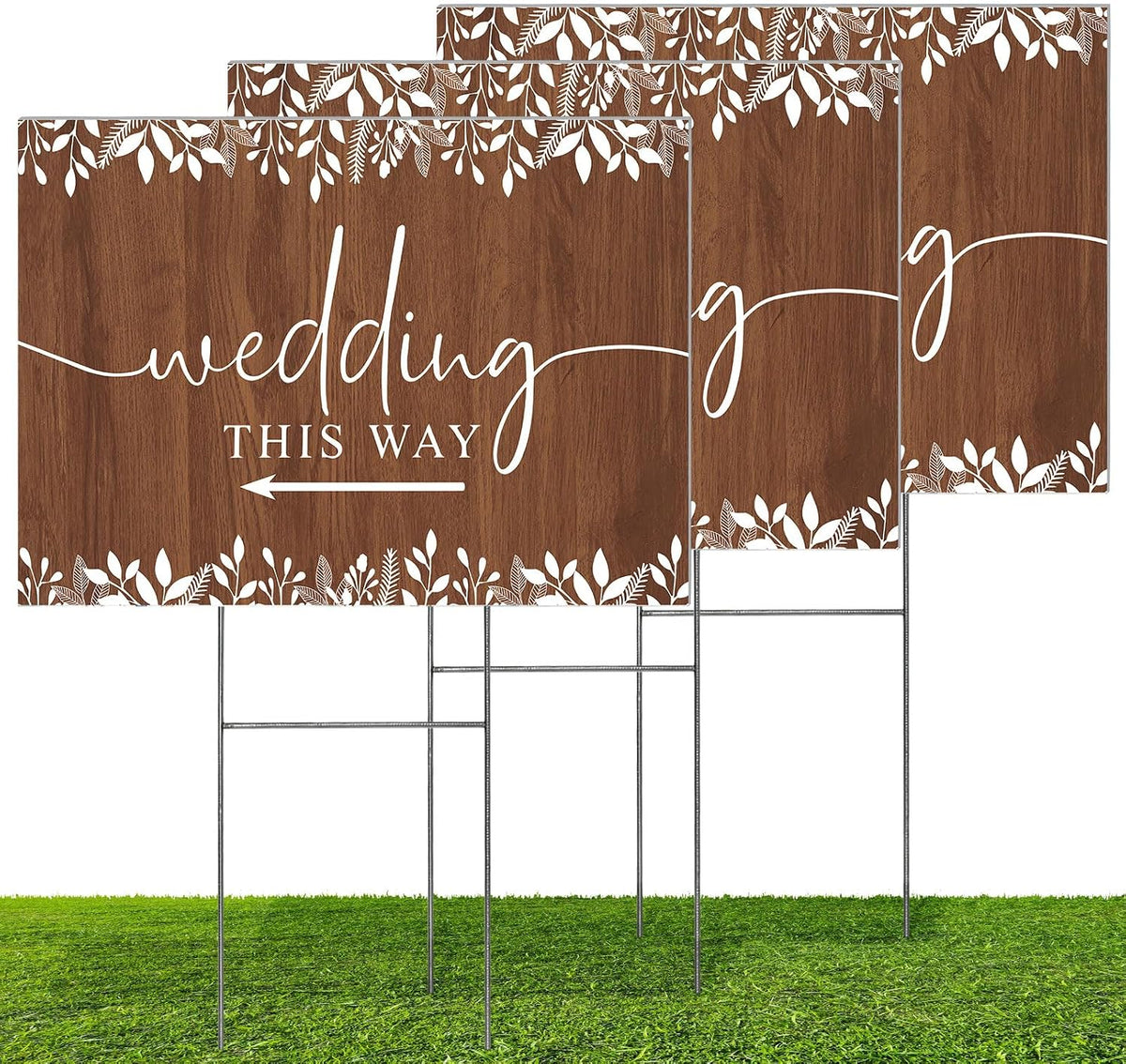 3 Pack 17''×12.5'' Wedding This Way Signs Double Sided Printed Wedding Directional Parking Sign with Stakes for Ceremony Reception Lawn Yard Arrow Signs Plastic Rainproof Party Supplies,Rustic