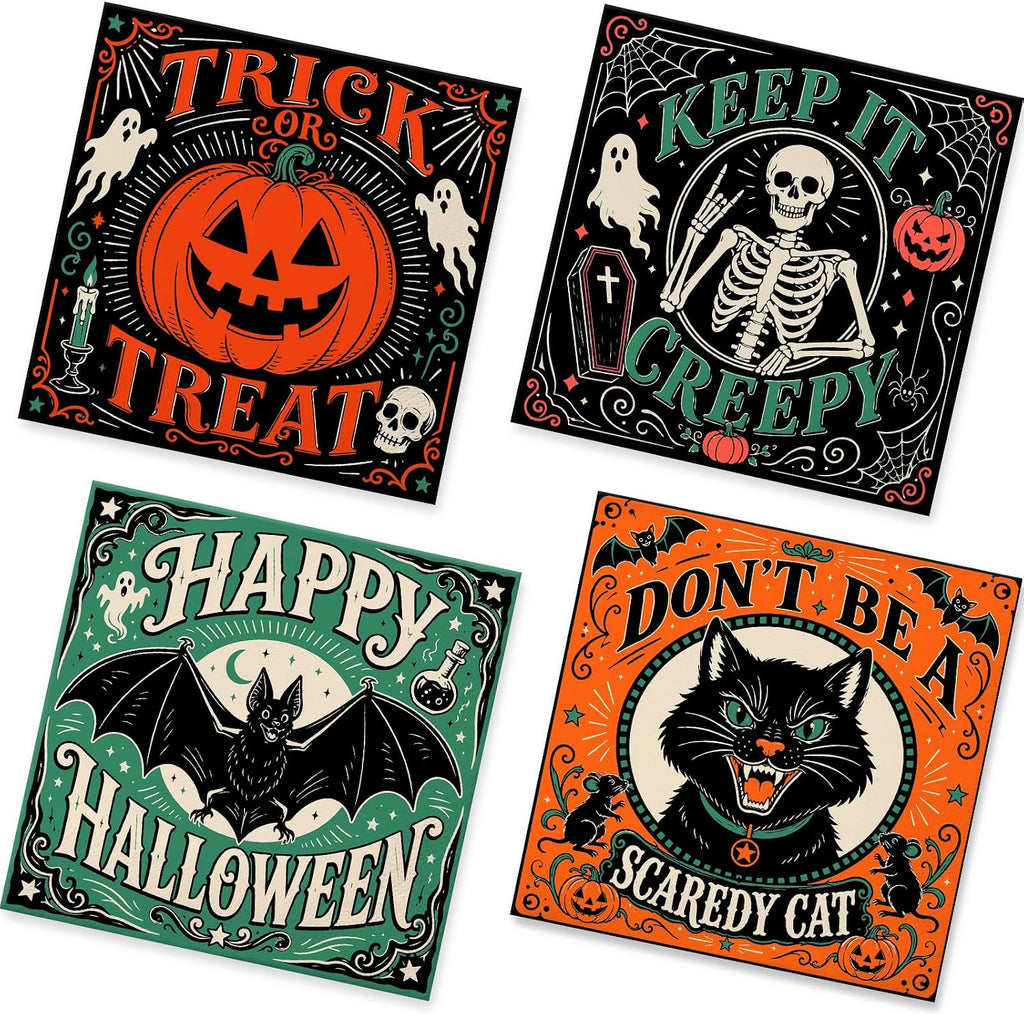 50Pcs Vintage Halloween Paper Napkins - 4 Designs 2-Ply, 6.5 × 6.5 inchs