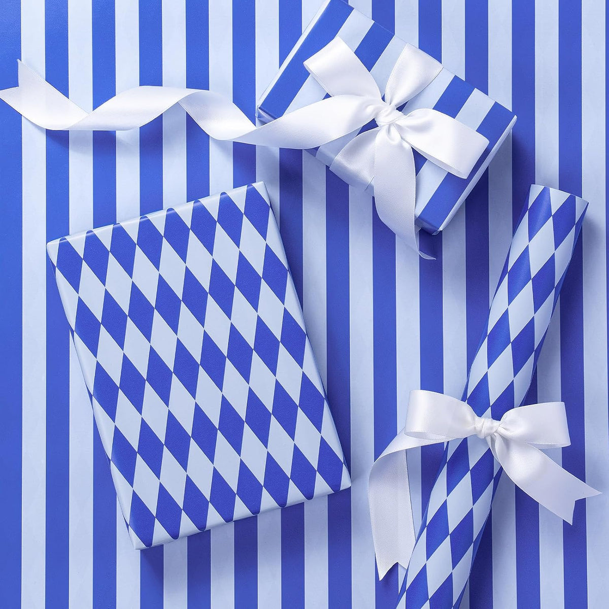 RUSPEPA Reversible Wrapping Paper Roll, Mini Roll, Blue and White Stripes and Diamond Pattern Gift Wrap for Birthday, Wedding, Baby Shower, Easter, Father's Day, Graduation, 17 Inches x 16.4 Feet