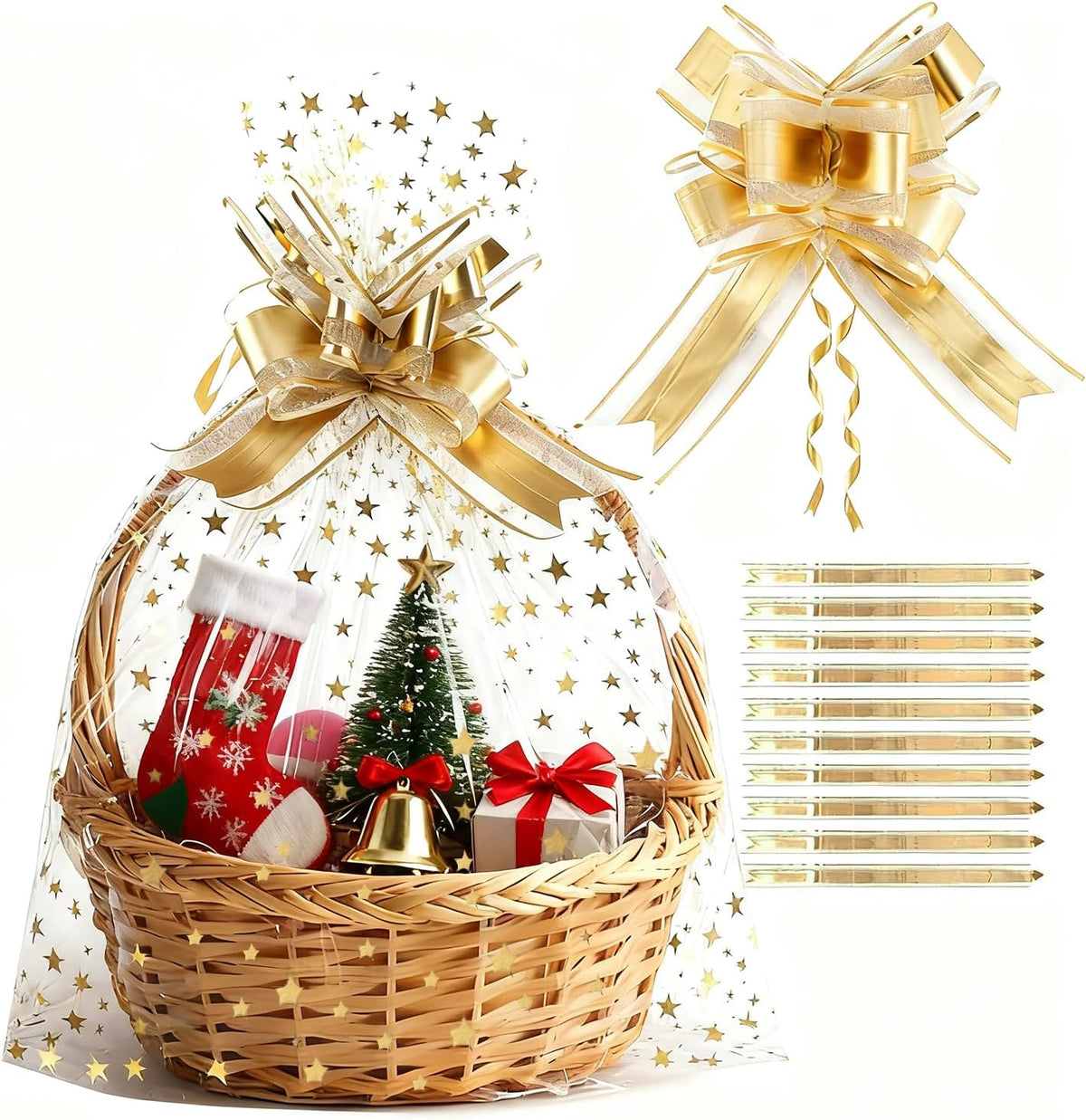 COQOFA 10 Pieces Large Cello/Cellophane Bags 18x30 Inches Clear Basket Gift Bags Gold Star Printed OPP Plastic Cellophane Wrap for Baskets Gift Packaging with Gold Pull Bows
