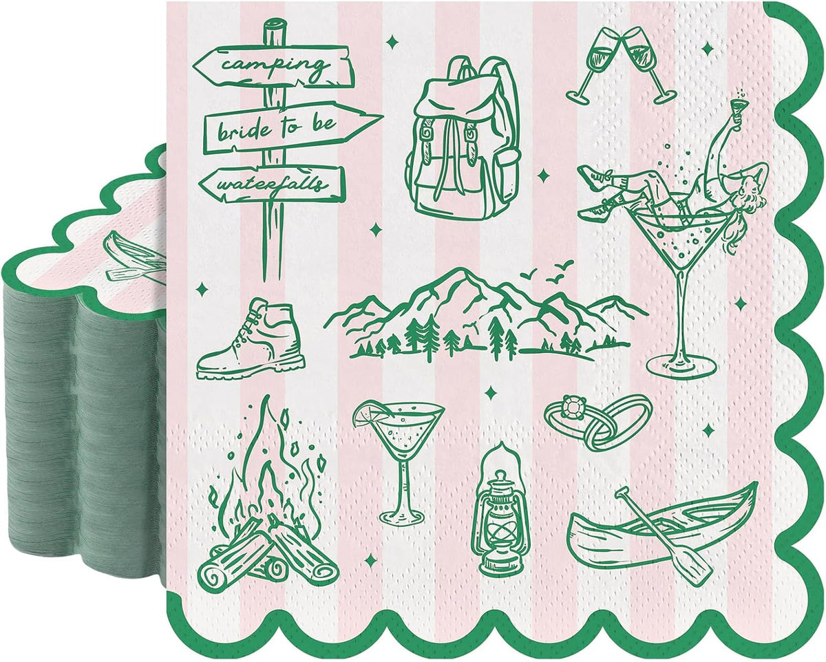 NatNarr 50 Pk Camp Bachelorette Napkins, 6.5" Scalloped Camping Decorations