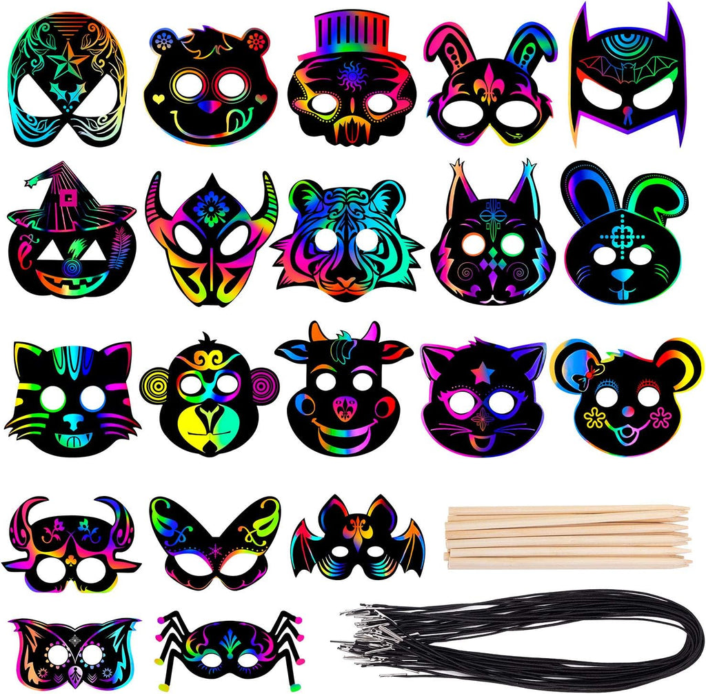 Animal Scratch Masks for Kids, 52Pcs Rainbow Magic Scratch Paper Masks