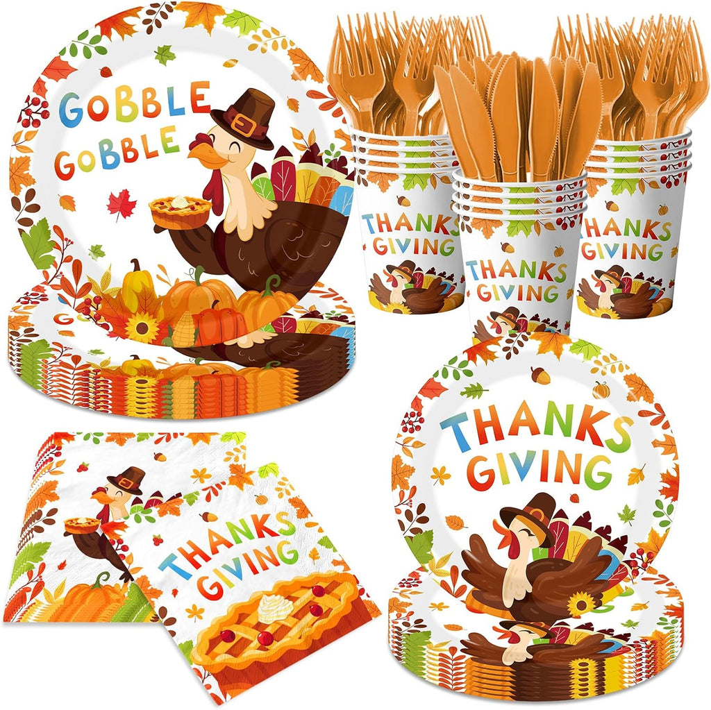 Thanksgiving Turkey Party Tableware Decorations Happy Thanksgiving Day Gobble Turkey Pie Disposable Paper Plates,Napkins,Cups,Forks and Knifes,Serve 24 for Autumn Themed Party Supplies Kit