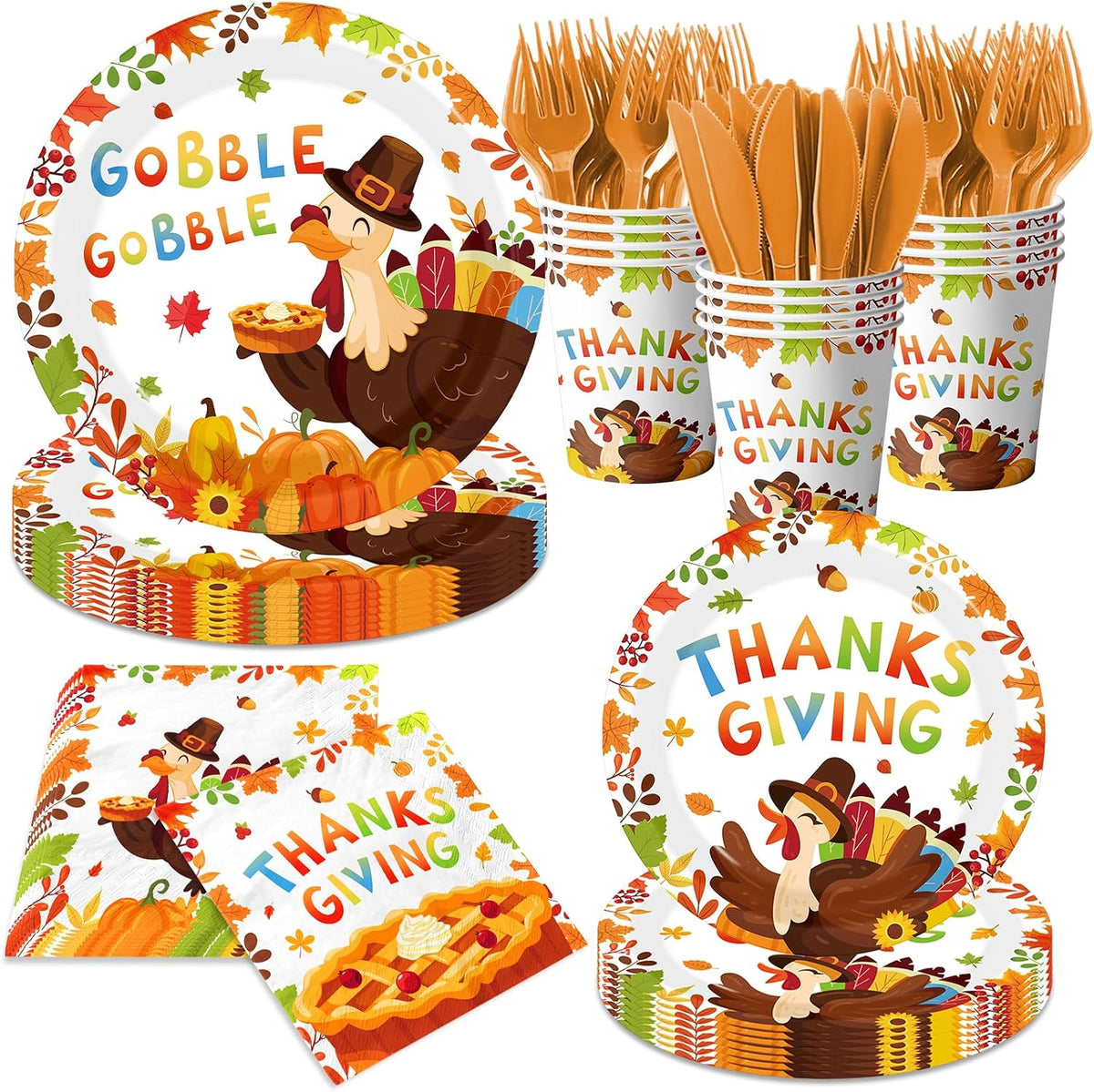 Thanksgiving Turkey Party Tableware Decorations Happy Thanksgiving Day Gobble Turkey Pie Disposable Paper Plates,Napkins,Cups,Forks and Knifes,Serve 24 for Autumn Themed Party Supplies Kit