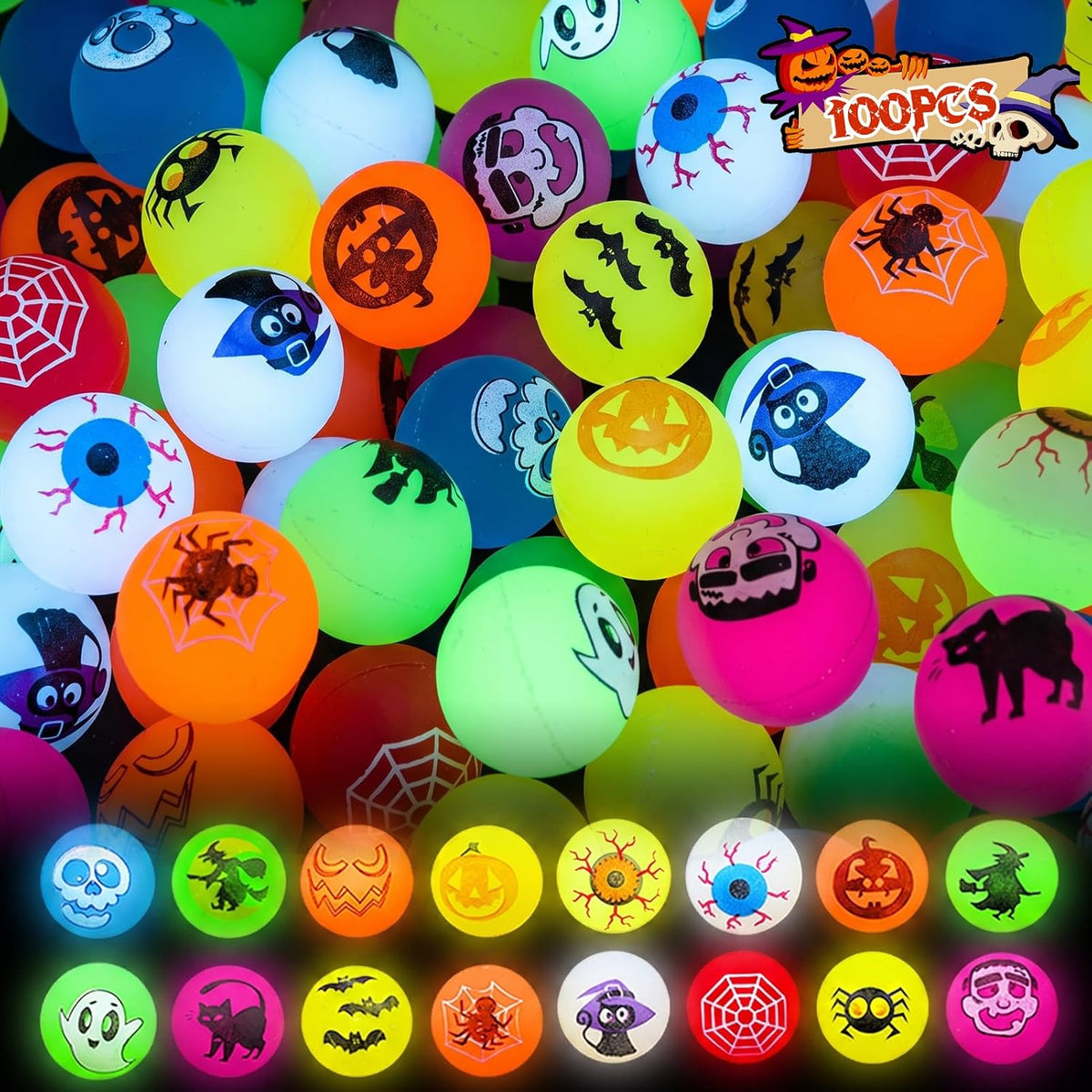 Tiaxidex 100PCS Halloween Party Favors, Bouncy Balls, Glow In The Dark Toys
