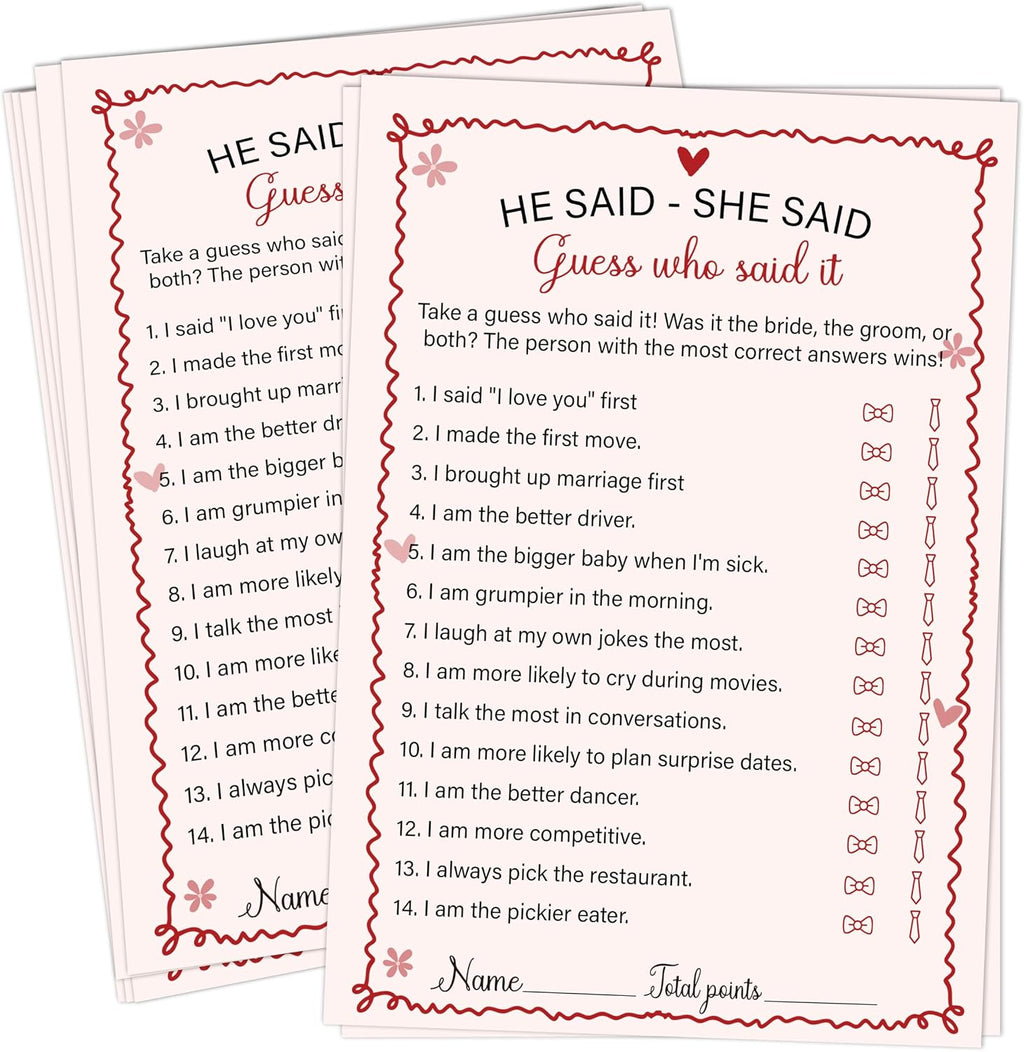 He Said She Said - Pink Bridal Shower Games Cards - 30 Fun Wedding Party Game Cards for Bridal Shower, Engagement, Bachelorette & Newlywed Party, Icebreaker Activity Supplies & Decorations