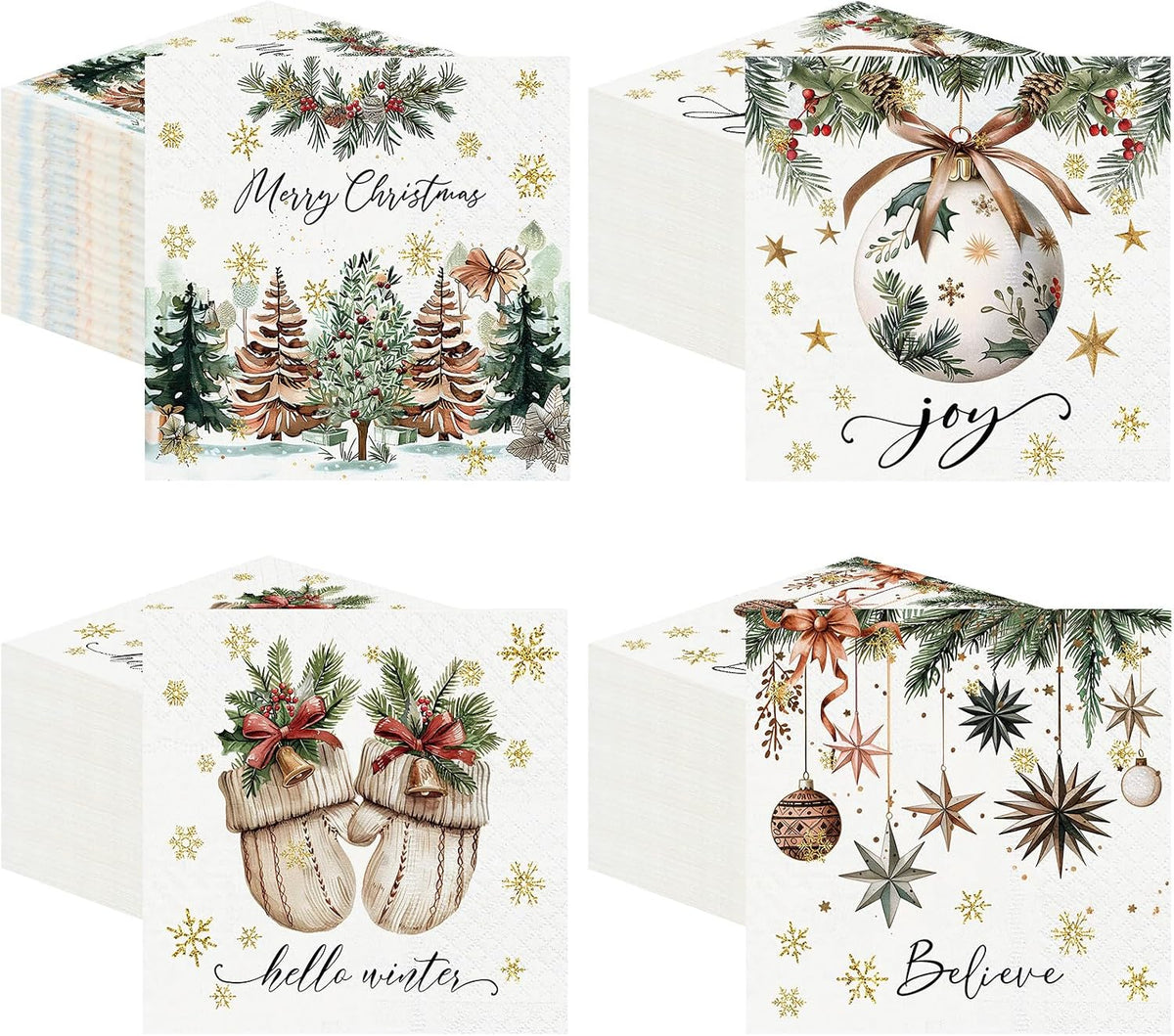 Fulmoon 60 Pcs Christmas Cocktail Paper Napkins Disposable Elegant 4 Style