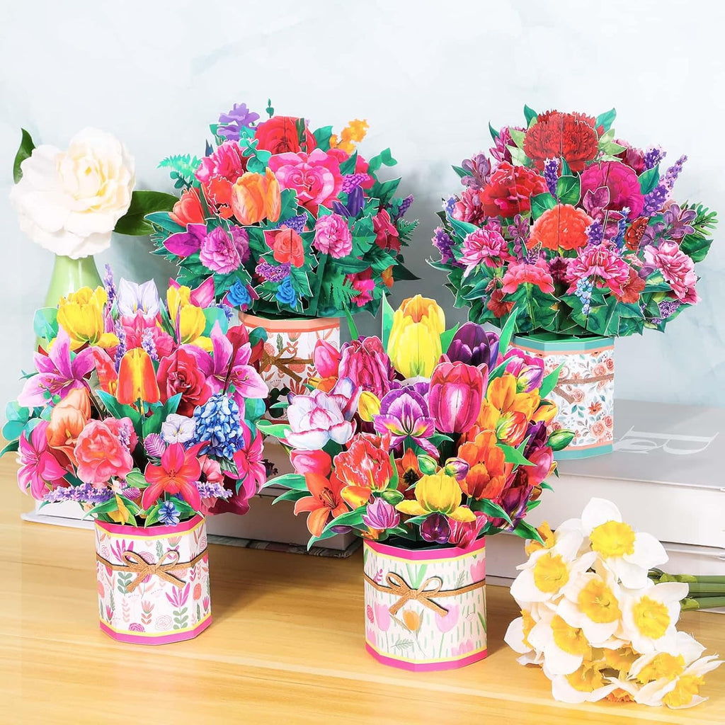 4 Pack Paper Flower Pop Up Cards, Flower Birthday Card Popup 3D Greeting Gift Cards for Mother's Day, Graduation, Anniversary, Get Well, Thank you Cards for All Occasions with Envelope and Note