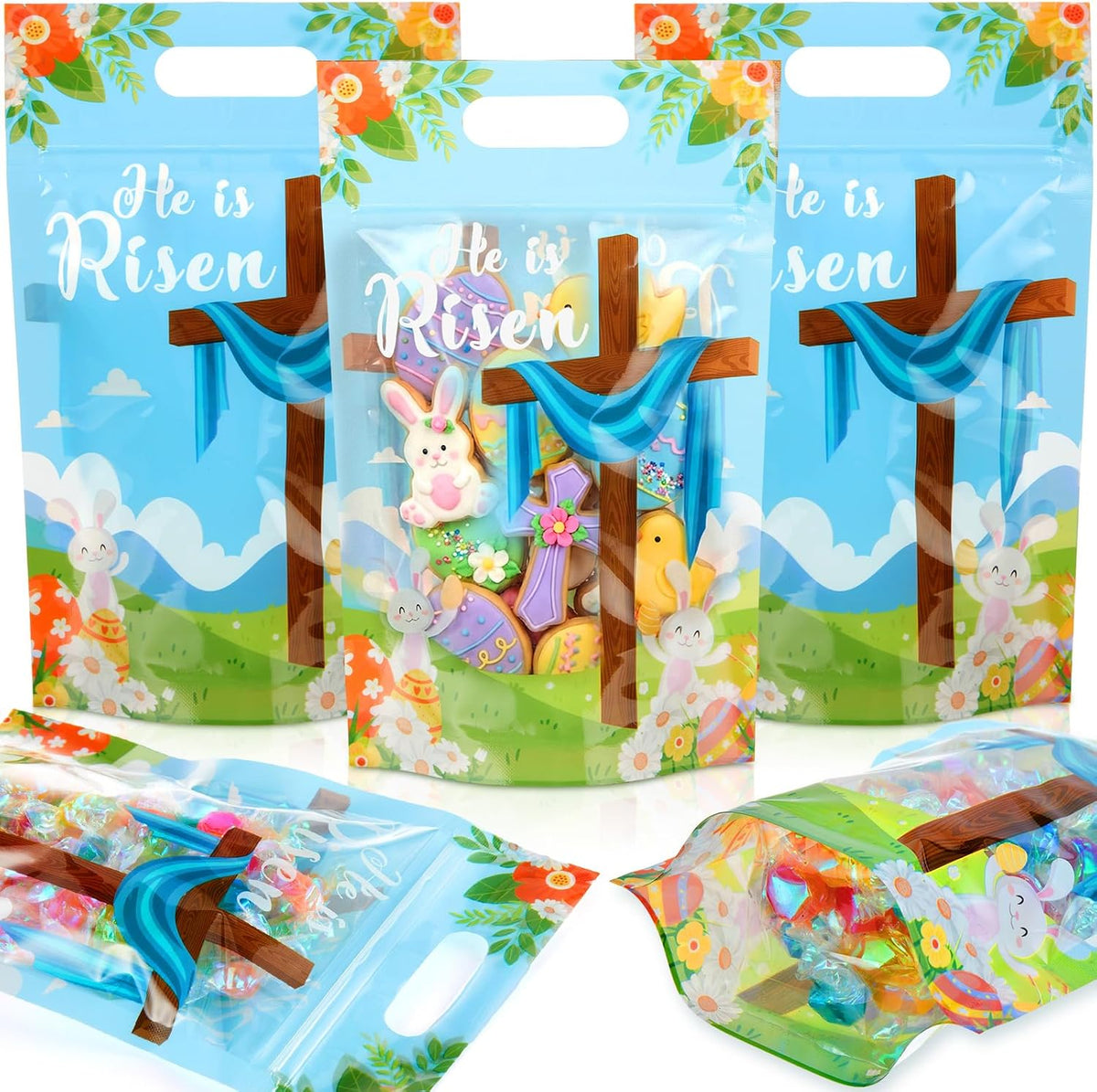 Engrowtic 50 Pcs Easter Treat Bags Reusable Easter Zipper Bags He Is Risen Plastic Gift Bag with Cross Bunny Holiday Bag with Handles for Spring Party Favor Wrapping Supplies