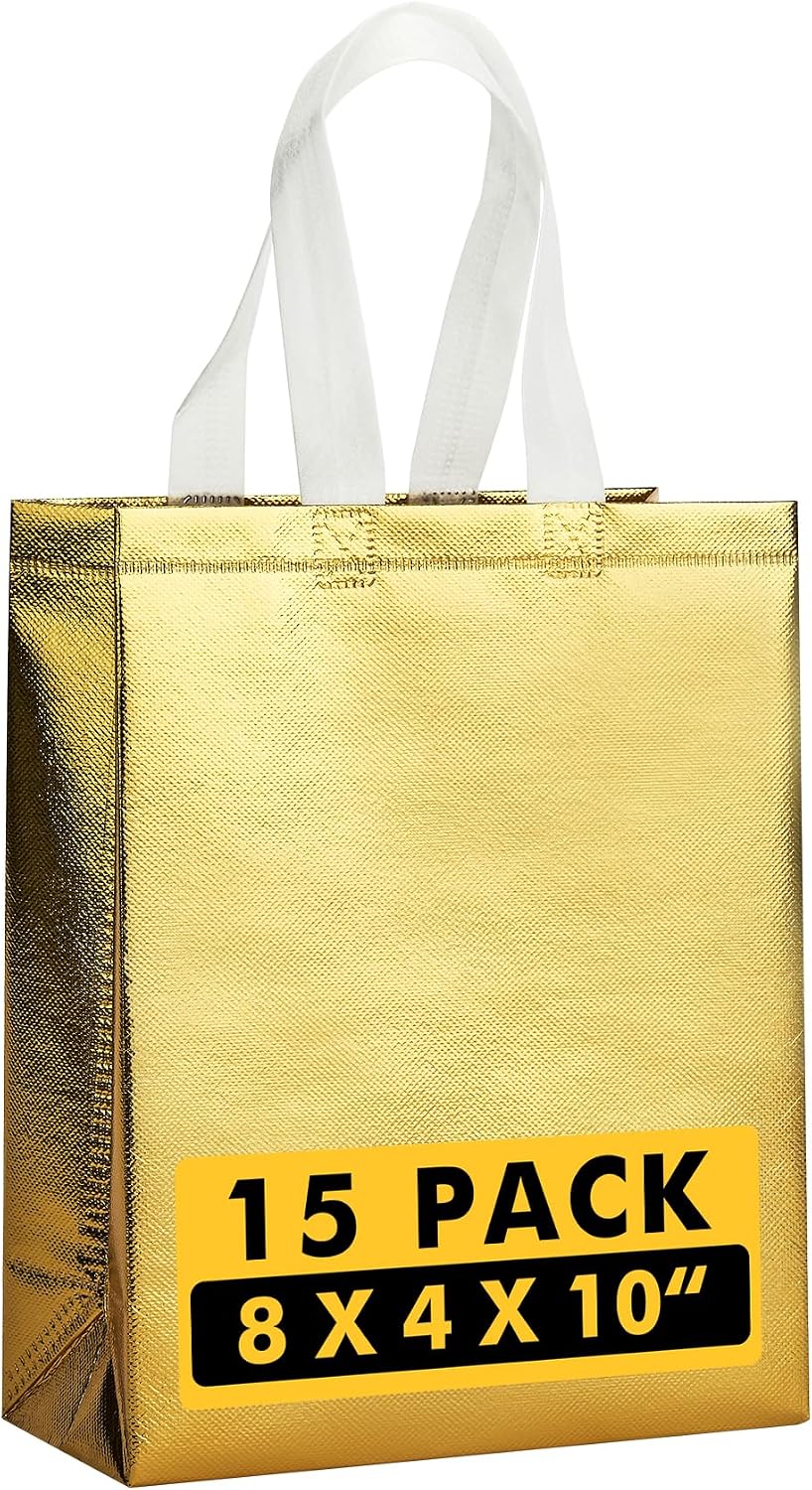 RACETOP Reusable Gold Gift Bags Medium Size 15 Pack with Handles for Party