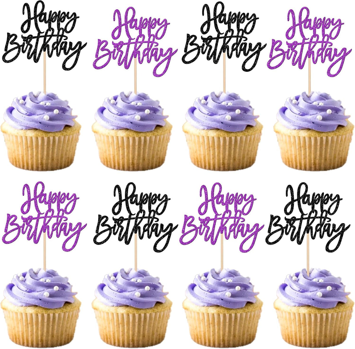 24 PCS Happy Birthday Cupcake Toppers Glitter Happy Birthday Cupcake Picks for Celebrating Anniversary Theme Party Cake Decorations Supplies Black Purple