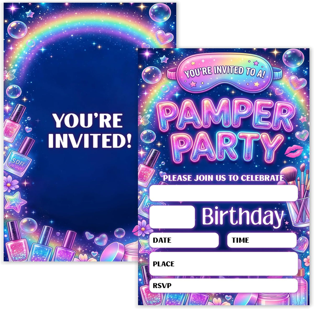 Pamper Birthday Invitation Girl, Pamper Spa Double-Sided Fill In Style Invites with Envelopes for Birthday, Glitz Glam Makeup Glow Party Invitation For Girls, Teens, Bday Party Favor & Decoration