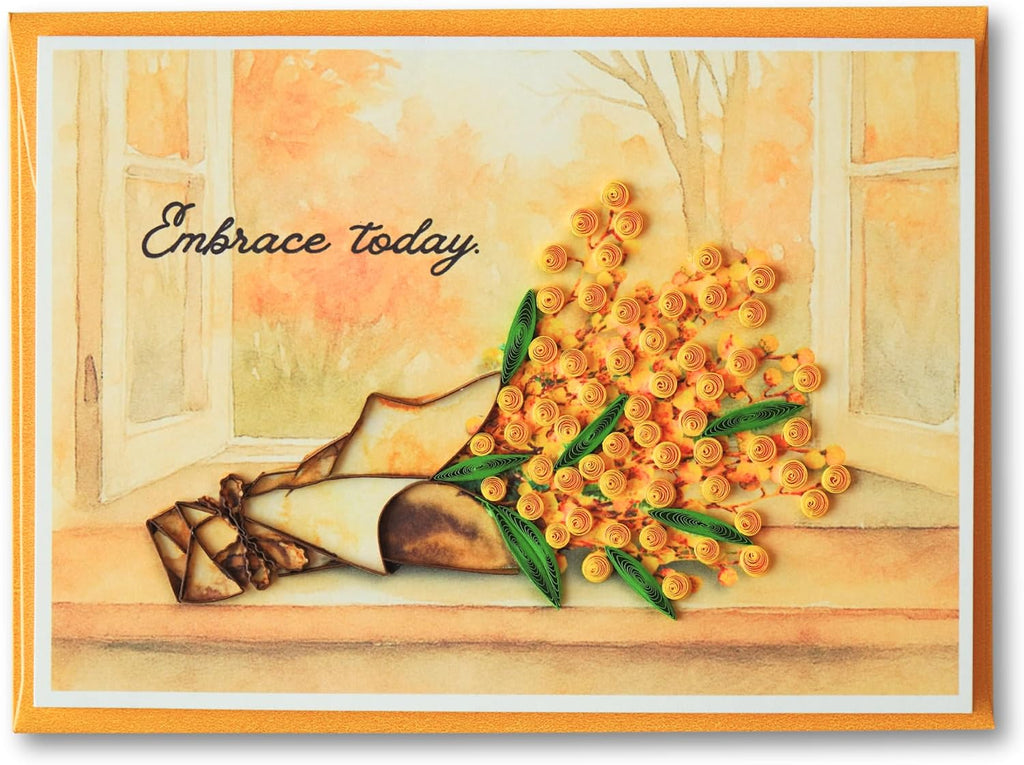Quilling Friendship Card with Envelope - Handmade Warm Mimosa Bouquet Autumn Window Letter - Quilled Card for Her, Friend, Wife - Thank You Greeting Card - Paper Quilling Art 5x7 Inch