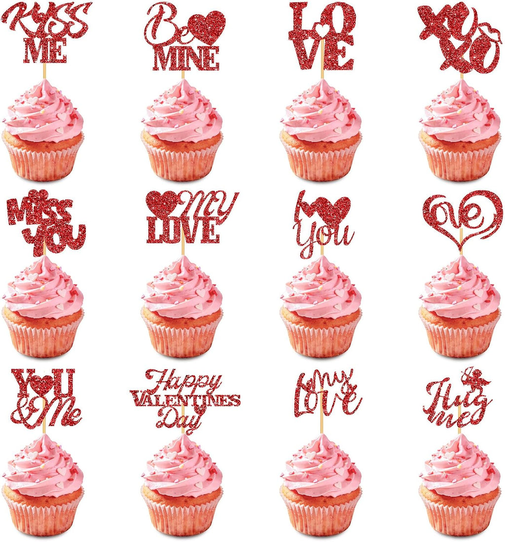 24Pcs Valentine's Day Cupcake Toppers, Glitter Word Heart Cake Decorations