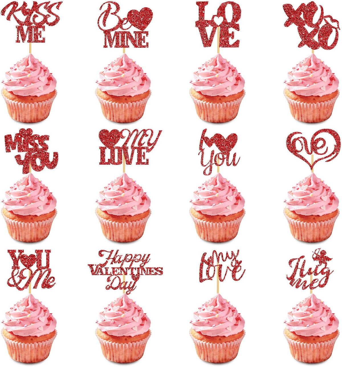 24Pcs Valentine's Day Cupcake Toppers, Glitter Word Heart Cake Decorations