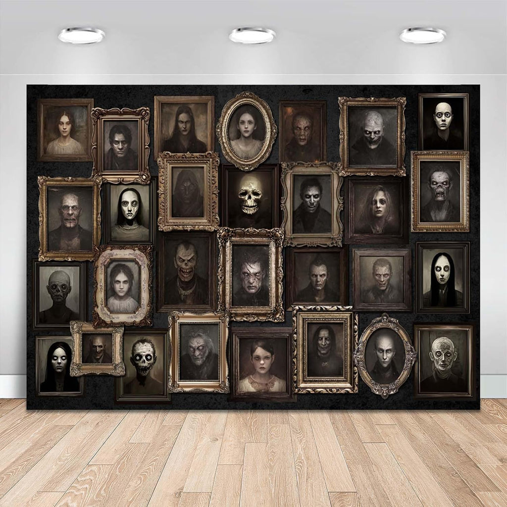 Mocsicka Halloween Portrait Backdrop Horror Happy Halloween Party Decorations Banner Haunted House Photo Frames Background Party Supplies (Black, 82x60 inch)