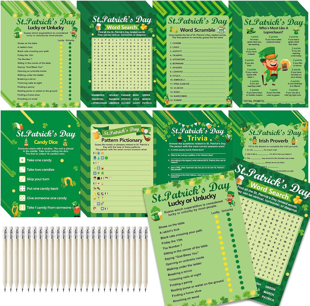 231 Pcs St. Patrick's Day Party Games Cards Lucky Shamrock Leprechaun Trivia Word Search Scramble Maze Games St. Patrick's Day Party Gifts Supplies for Adults Kids Irish Classroom Activities Birthday