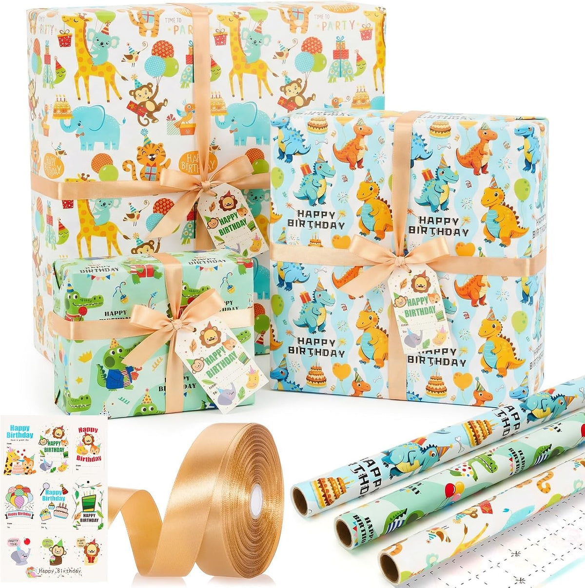 Bafeil Dinosaur Wrapping Paper Birthday Boy, 3 Rolls Cute Dino