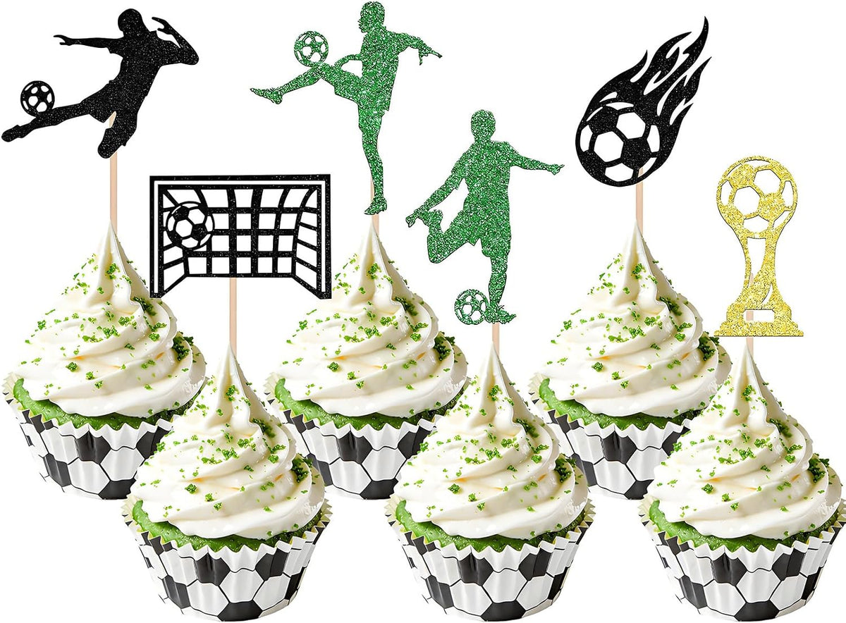 24Pcs Soccer Cuocake Toppers, Glitter Soccer Ball Party Cake Decorations