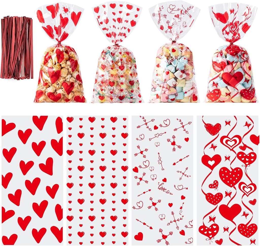 Valentines Cellophane Bags 120pcs Valentines Candy Bags with 140pcs Twists