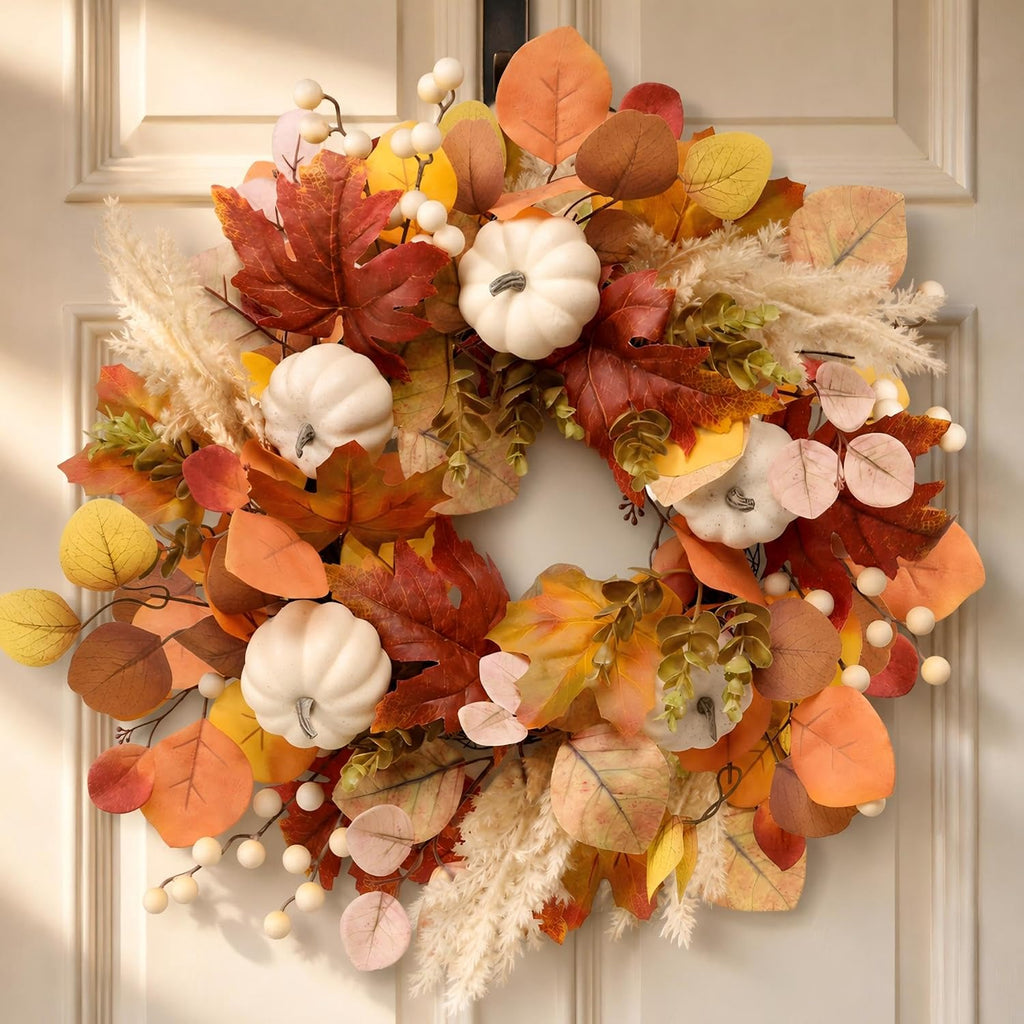 Pinkpum 20" Fall Wreath Front Door Pumpkin Sunflower Pine Cones Wall Decor