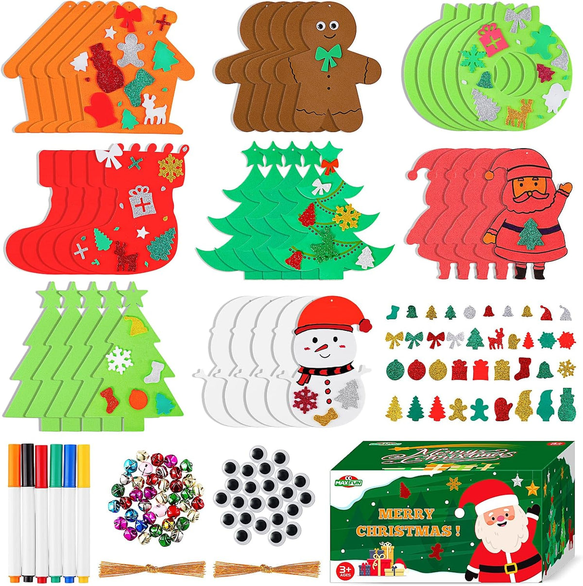 Max Fun Christmas Crafts for Kids Toddlers, 350Pcs Foam Ornaments DIY Christmas Arts and Crafts Kits Bulk Stickers Set, Xmas Tree Snowman Christmas Decorations Crafts Party Favors Supplies