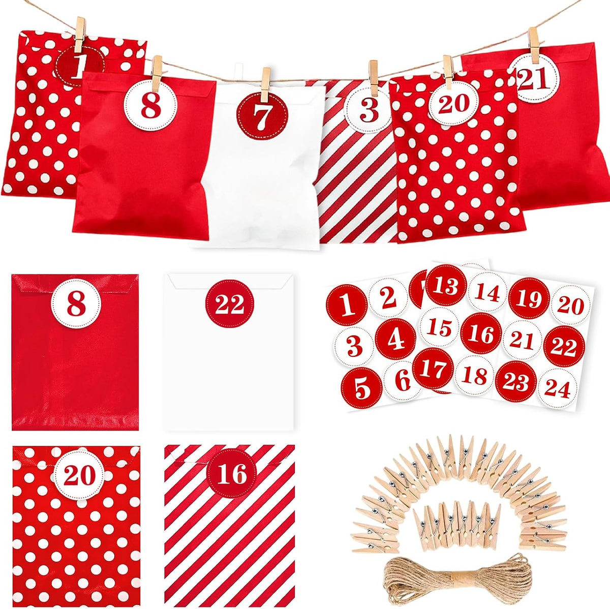 24 Pieces Advent Calendar Bags DIY Advent Calendars to Fill Christmas Kraft Treat Bags with 1-24 Countdown Numbers Stickers for Christmas Advent Calendar Countdown Decoration