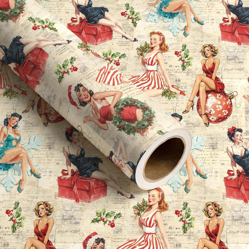 RUSPEPA Kraft Christmas Wrapping Paper Roll, Mini Roll, Vintage Christmas Pin-up Girl with Gift Design, Retro Kraft Gift Wrap for Xmas Gifts, Family, Holiday, Winter Party, 17 Inches x 16.4 Feet