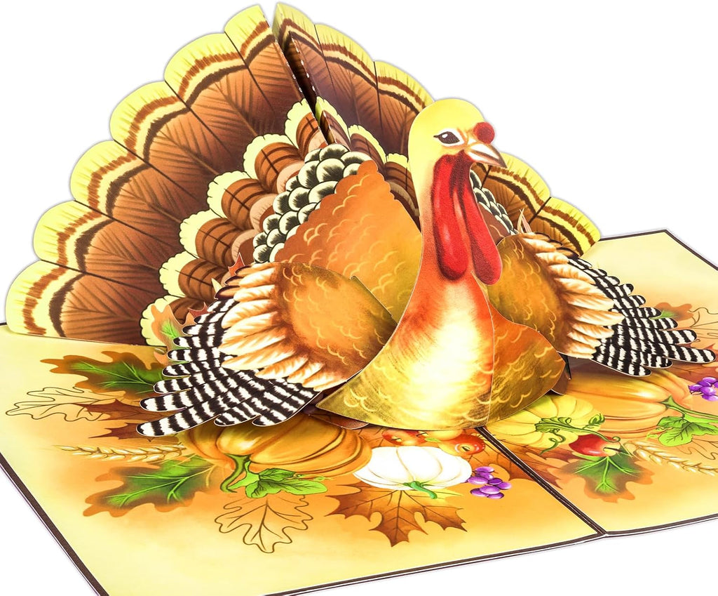POPWOW Thanksgiving Turkey Pop Up Card, Pumpkin, Give Thanks, 3D Popup Greeting Cards, Gifts for Mom, Grandma, Girl, Women, Fall Table Decorations, 5x7 - Includes Envelope And Message Note