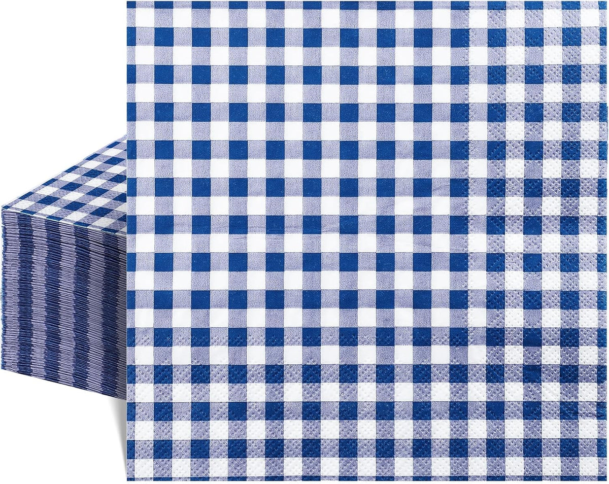 NatNarr 80 Pk Gingham Napkins Navy Blue Napkins Disposable, 6.5"
