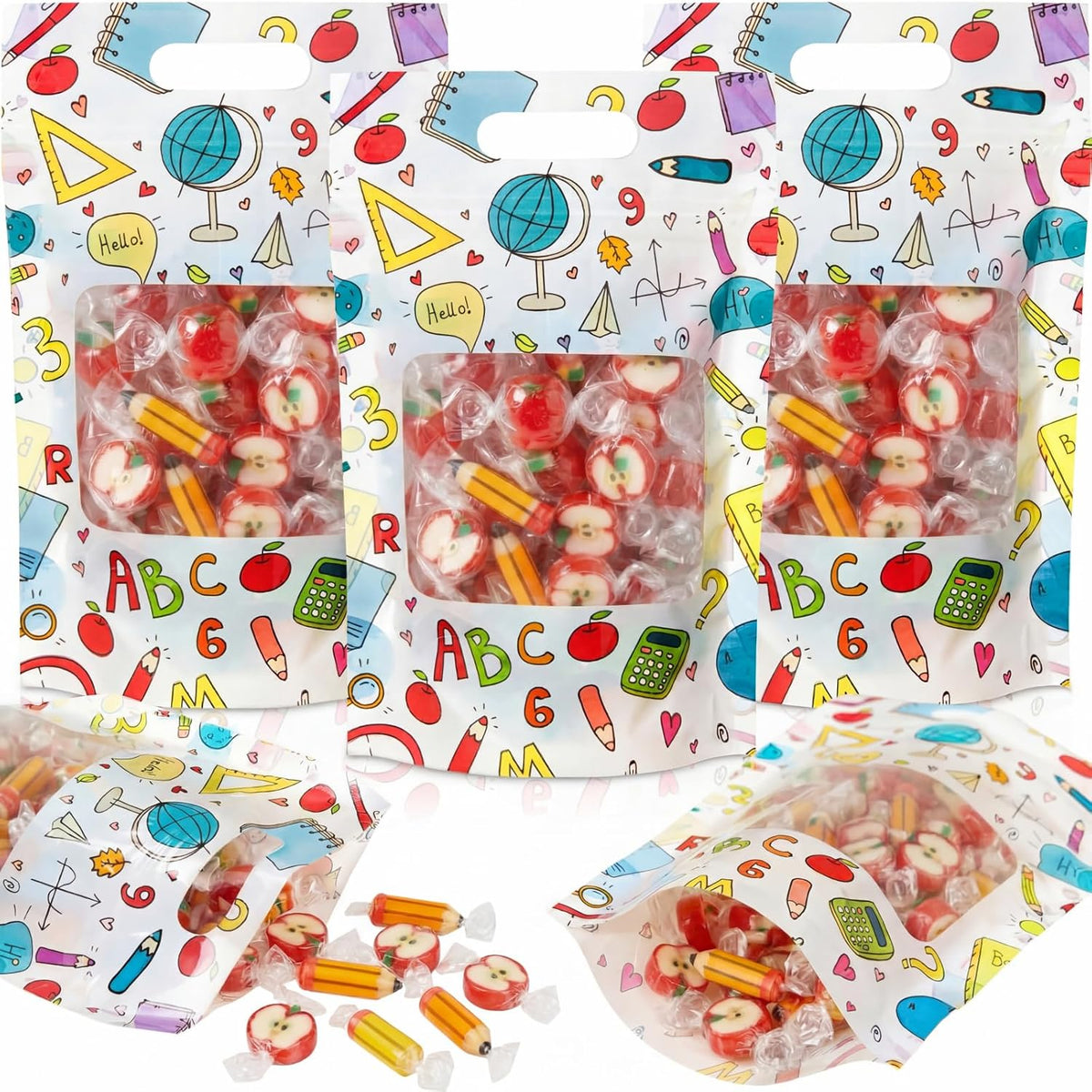 Engrowtic 50 Pcs Back to School Treat Bags Plastic Resealable Gift Bags with Handles First Day of School Goodie Pouches for Students Teacher Classroom Preschool Kindergarten Party Favors Wrapping