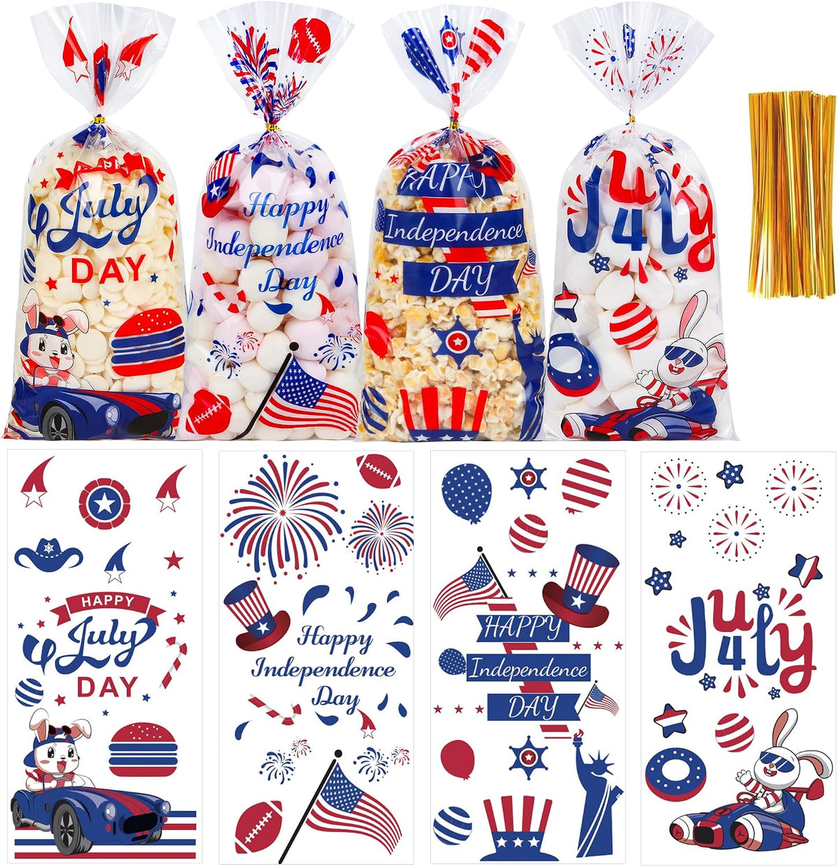 QOIUSO 50 Pcs 4th of July Cellophane Treat Bags - Patriotic Candy Goodie Bags with Gold Twist Ties - Clear Independence Day Party Favor Bags for Cookies, Snacks, Gift Packaging Supplies