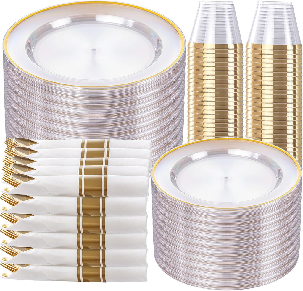 Rubtlamp 100 Guest Blue Gold Plastic Dinnerware Set,Clear Blue Disposable With Gold Rim, Hammer Fancy Party Plates Include 100Dinner Platos,100Cake Platos,100Cups,100 Pre Rolled gold Cutlery