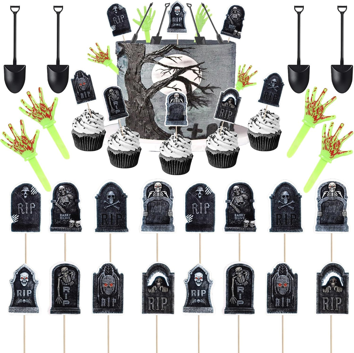 Rsstarxi 60 Pack Halloween Skeleton Zombie Hand Cupcake Toppers Shovel Spoons Spooky Graveyard Cupcake Picks Halloween Cake Decorations for Horror Theme Birthday Party Decorations