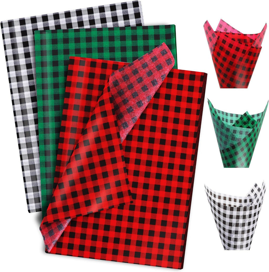 BEISHIDA 90 Sheets Christmas Gingham Tissue Paper Bulk,Red Green Black Buffalo Plaid Wrapping Tissue Paper for Gift Bags, 14 x 20 Inch Gift Wrap for Party Decoration DIY Crafts Decor Holiday Flowers