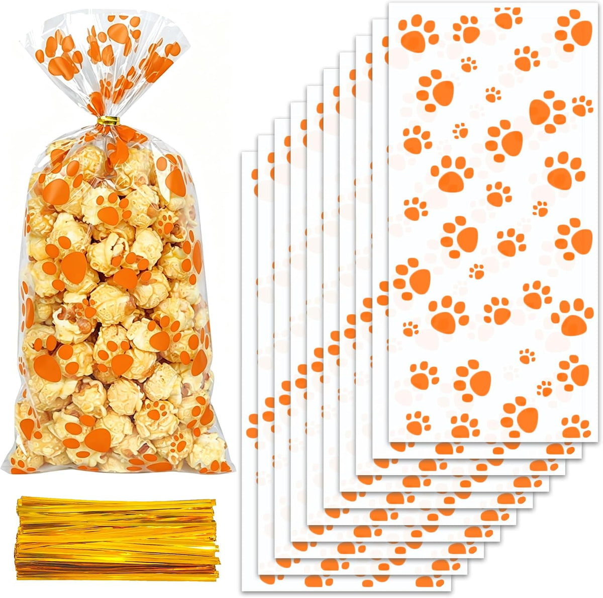 ZYLOP 50Pcs Dog Treat Bags - 5 x 11 Inch Clear Orange Dog Cellophane Treat Bags with 60 Gold Twist Ties for Pet Treats, Cookies & Candy, Paw Print Bags for Fall Parties and Party Favors
