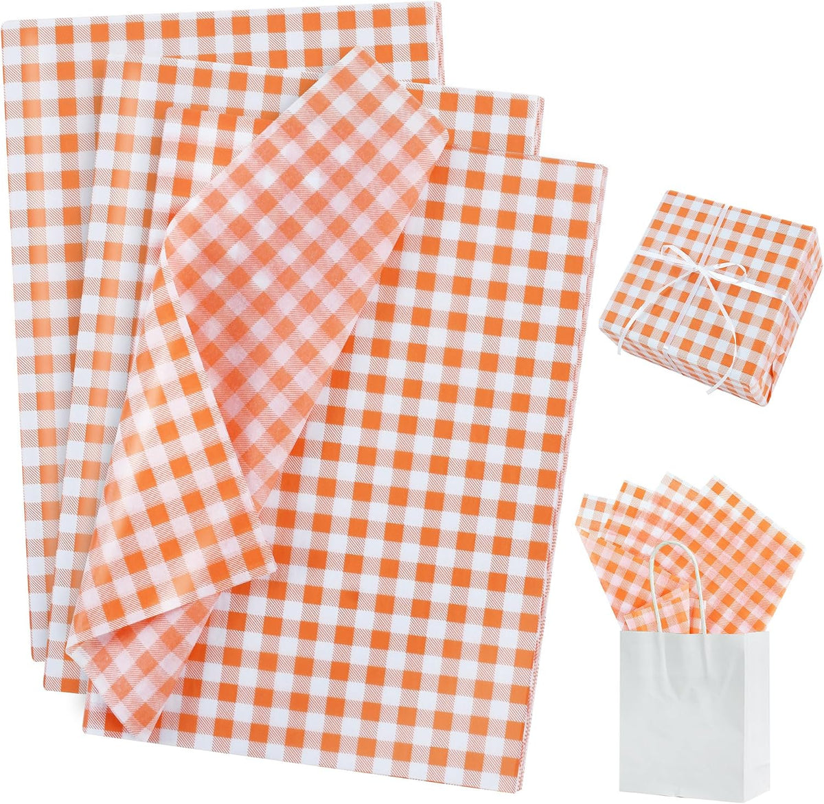 BEISHIDA Gingham Tissue Paper Bulk, Orange White Checkered Wrapping Tissue Paper for Gift Bags, 14 x 20 Inch Gift Wrap for Birthday Thanksgiving Fall DIY Crafts Decor Holiday Flowers,50 Sheets