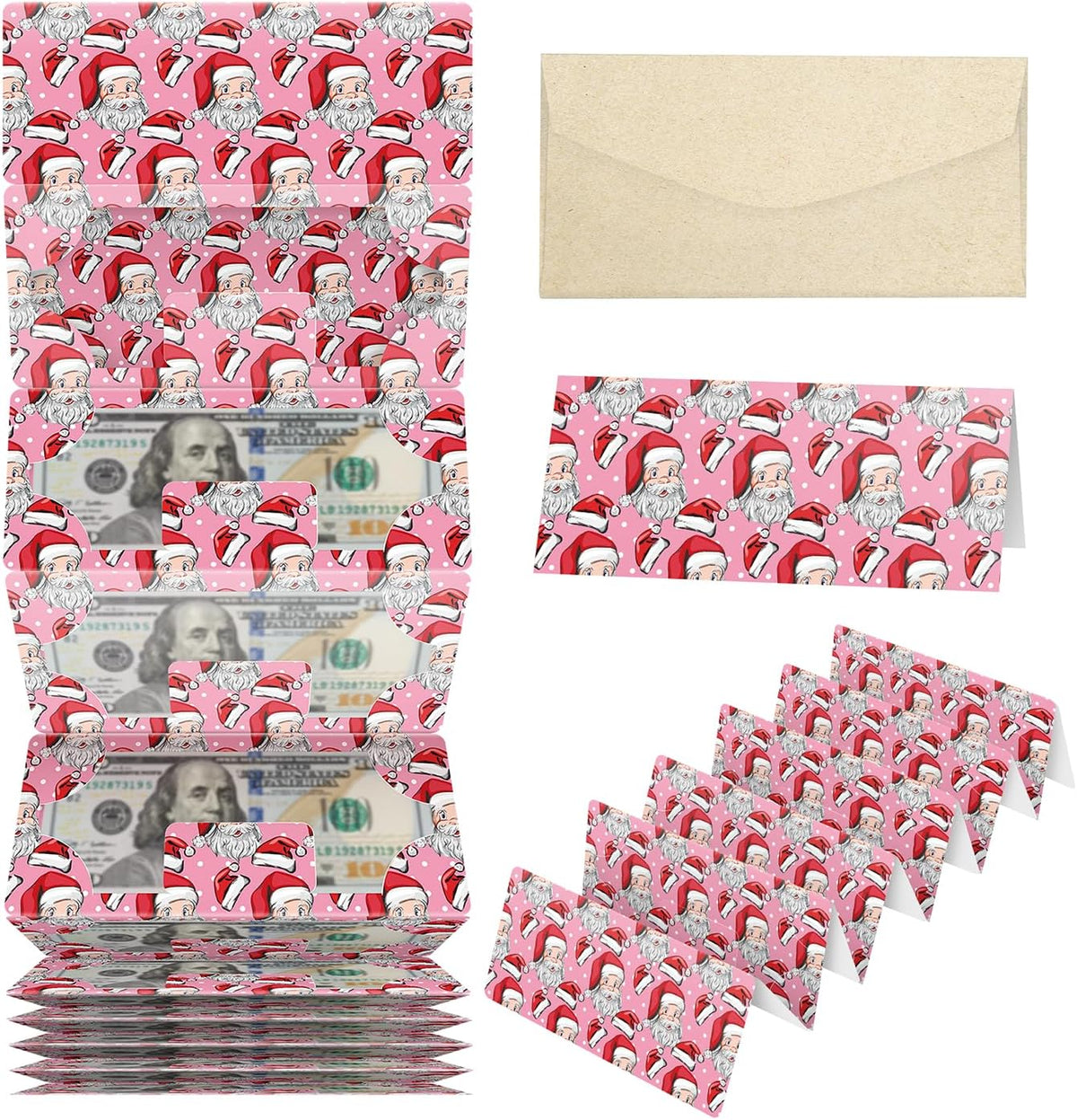 ysmile Christmas Cash Gift Envelope 11 Slot Xmas Holiday Money Holder with Greenting Card for Surprise - Pink Santa