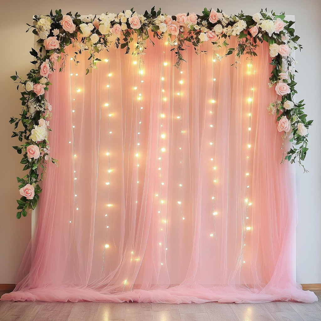 Fomcet Tulle Backdrop Curtains with Lights 10x8ft Sheer Peach Curtain